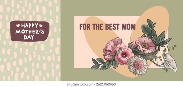 Mother's Day! Editable poster with bouquet of individual flowers in soft pastel pink palette, background and handwritten text. Digital illustration for branding, printing