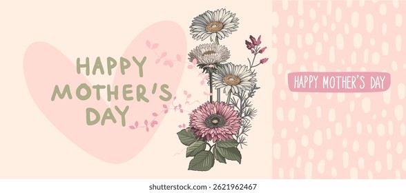 Mother's Day! Editable poster with bouquet of individual flowers in soft pastel pink palette, background and handwritten text. Digital illustration for branding, printing
