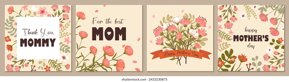 Mother's day editable templates for greeting cards, posters, invitations, social media. Vector illustration in hand drawn flat style with flowers, greenery in pastel colors and trendy typography.