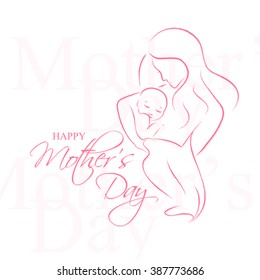 Mother's Day - Elegant vector layout with contoured mother and child silhouette. Pink and white color palette. Romantic template for invitation card, advertising, letter, banner, flyer.