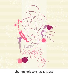Mother's Day - Elegant vector layout with contoured mother and child silhouette. Pink and purple color palette. Romantic template for invitation card, advertising, letter, banner, flyer.