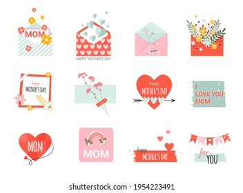 Mothers day elements with envelope with flowers, letter, card with heart and lettering in flat style. Vector stock illustration