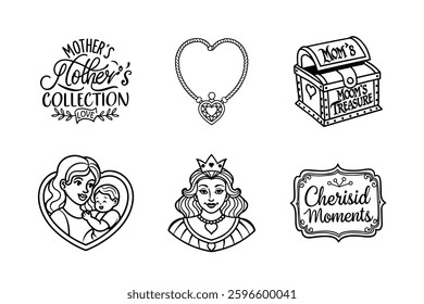 Mother's day elements set line art vector on white background