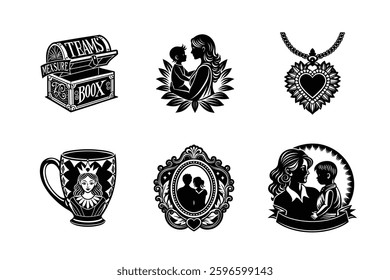 Mother's day elements set silhouette vector on white background