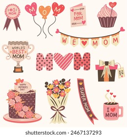 Mother's Day elements set. World's best mom trophy, number 1 mom award, balloons, greeting card, celebratory cake, flower bouquet. Hand drawn vector illustrations.