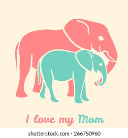Mothers day elephants with text i love my mom. Vector illustration