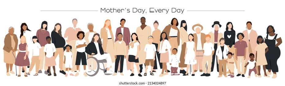 Mother's Day, Every Day banner. Multicultural group of mothers with kids collection.	