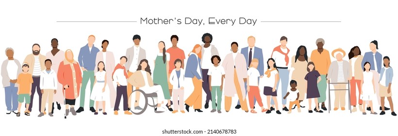 Mother's Day, Every Day banner. Multicultural group of families.