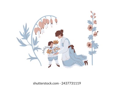 Mother's day family in the flower garden mother with child