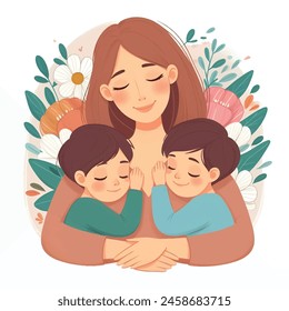 Mother's day, family hug, maternal love, warm illustration, decorative flowers, soft palette