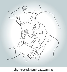 Día de la madre, vector del día del padre. Madre de linearte, padre y hijo.  Ilustración en línea de retrato familiar. Madre sosteniendo a un bebé recién nacido. 