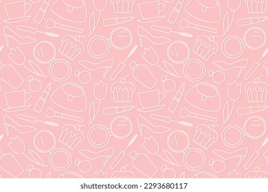 Mother's Day, female seamless pattern with cupcake, high heels, perfume, lipstick, powder, mascara, ring, coffee cup and handbag icons- vector illustration
