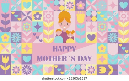 Mother's Day festive banner. Happy mom with kids. Scandinavian mosaic. Floral spring modern pattern. Brutalism minimal geometric design. Vector illustration