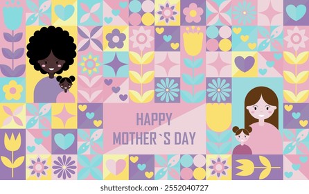 Mother's Day festive banner. Happy mom with kids. Floral spring modern mosaic pattern. Brutalism minimal geometric design. Vector illustration