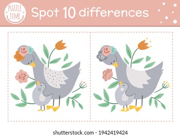 Mothers Day Find Differences Game For Children. Holiday Educational Activity With Funny Baby Goose And His Mother. Printable Worksheet With Cute Characters. Spring Puzzle For Kids.

