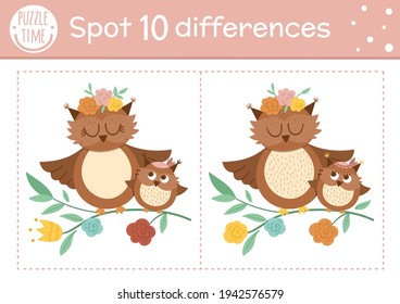 Mothers day find differences game for children. Holiday educational activity with funny baby owl and his mother. Printable worksheet with cute characters. Spring puzzle for kids
