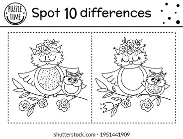Mothers day find differences game for children with cute birds. Holiday black and white activity and coloring page with baby owl and mother. Spring printable worksheet showing family love. 


