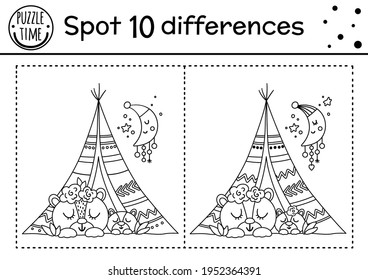 Mothers day find differences game for children with cute animals. Holiday black and white activity and coloring page with baby bear and mother in wigwam. Spring worksheet showing family love. 


