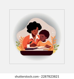 Mother's Day Flat illustration, Drawing And Reading Vector Design