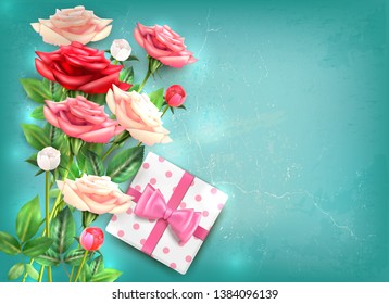 Mothers Day flatlay concept with beautiful bouquet of roses and gift with big pink bow vector illustration