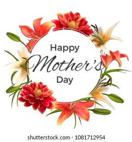 Mothers Day. Floral background. Lilies. Dahlia. Buds. Red. Leaves. Flowers. Vector illustration. Congratulation. Pattern. Bouquet.