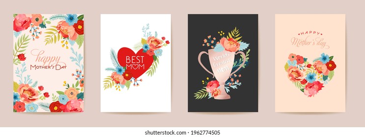 Mothers Day Floral Greeting Card Set. Spring Happy Mother Day Holiday Postcards with Flowers, Bouquet Heart for Flyer Template, Prize Award Cute Poster. Vector illustration