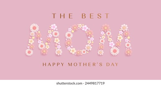 Mother's day floral poster, greeting card, flyer, wallpaper or web banner with 3d cartoon flowers and golden text on pink background. Vector illustration