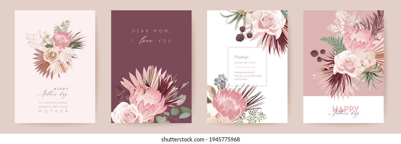 Mothers day floral vector card. Greeting protea flowers, palm leaves template design. Watercolor minimal postcard set. Pampas grass frame. Spring flower invite typography. Woman modern brochure