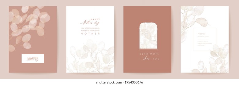 Mothers day floral vector card. Greeting lunaria flowers template design. Watercolor minimal postcard set. Dry pampas grass frame. Spring flower invite typography. Woman day brochure