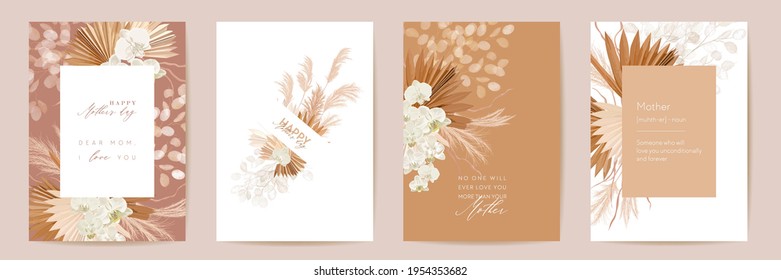 Mothers day floral vector card. Greeting tropical flowers, palm leaves template design. Watercolor minimal postcard set. Dry pampas grass frame. Orchid flower invite typography. Woman modern brochure