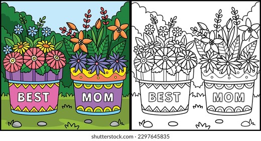 Mothers Day Flower Pots Coloring Page Illustration