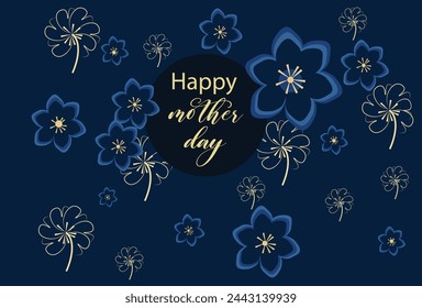 Mothers day flower set, greeting card .navy blue ,Royal blue , golden flower luxury design . blue  background.