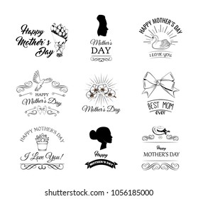 Mothers Day. Flower, swirls, womans silhouette, bow, Wide-brimmed hat, tulips bouquet, swan. Mother day set Vector illustration Greeting card design