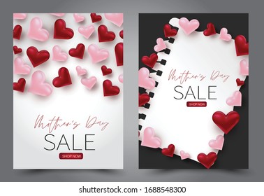 Mothers Day flyer or brochure set. Pink and red 3d hearts. Holiday greeting card. Vector illustration.