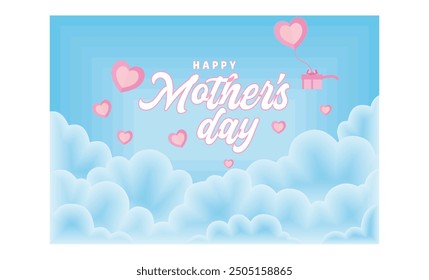 Mother's day with flying paper elements and gift boxes. Heart shaped love symbol on blue sky background. Flat vector illustration.