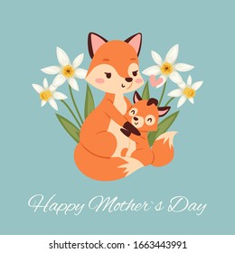 Mothers day with fox and its baby fox card with beautiful spring flowers cartoon vector illustration. Mama fox hugging its child for mothers day greeting card.