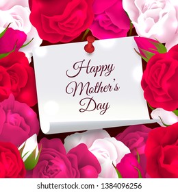 Mothers day frame composition of paper with place for editable ornate text surrounded by rose flowers vector illustration