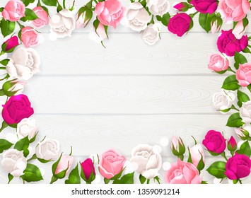 Mothers day frame with pink white and fuchsia colors of roses on white wooden background vector illustration