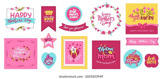 Mothers Day frames. Floral text border with decorative elements for greeting card, simple frame with text for holiday celebration. Vector isolated set.