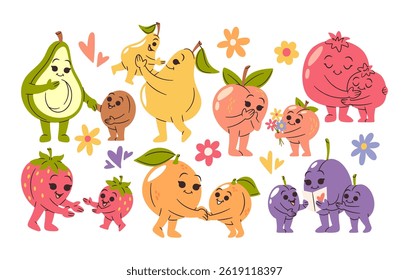 Mothers day fruits collection with happy kawaii doodle hand drawn characters feeling joy and love