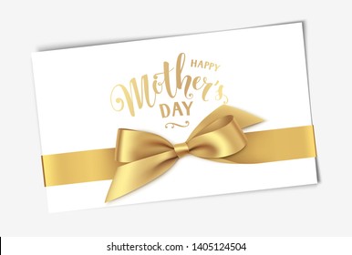 Mother's day gift card with golden bow and ribbon. Vector illustration