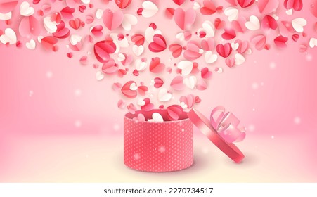 Mothers day gift, paper pink hearts in box, romantic background. Happy love card for women or girl birthday or anniversary. Flying elements. Vector banner backdrop, exact wallpaper design