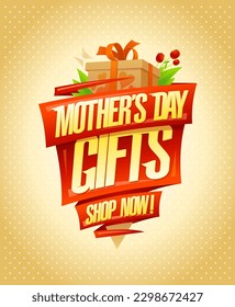 Mother's day gifts, vector holiday sale banner template with flowers and gift box