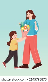 Niña de la madre da a su madre flores con plantas y árboles en el fondo, ilustración vectorial