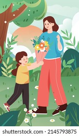 Niña de la madre da a su madre flores con plantas y árboles en el fondo, ilustración vectorial