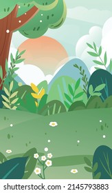 Niña de la madre da a su madre flores con plantas y árboles en el fondo, ilustración vectorial