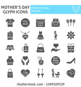 Mothers day glyph icon set, motherhood symbols collection, vector sketches, logo illustrations, mom signs solid pictograms package isolated on white background, eps 10.