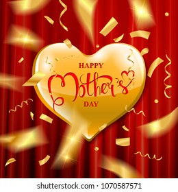 Mother's day gold heart confetti on the background of a red curtain. Vector illustration. Card, badge for Mother s day. Love Mom concept