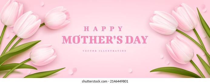 Mother's day greeting background with realistic tulips. Vector illustration for poster, brochures, booklets, promotional materials, website