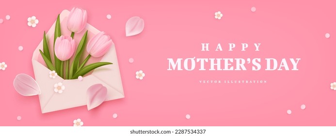 Mother's day greeting background with realistic envelope and tulips. Vector illustration for poster, brochures, booklets, promotional materials, website